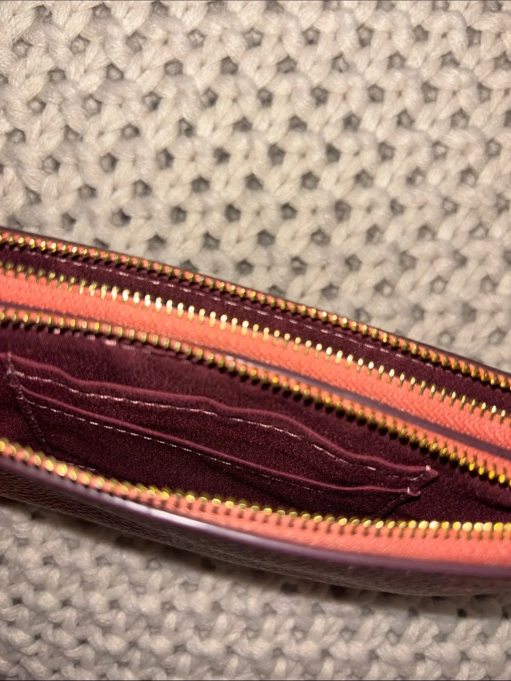 Coach Coral/Peach Gold Pebbled Leather Wristlet double corner zip